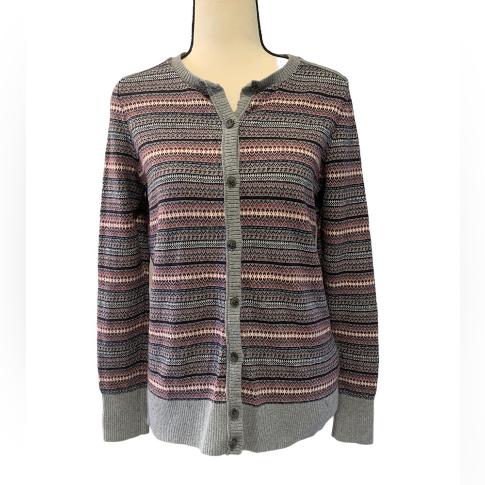 LL Bean | gray and red patterned cardigan sweater